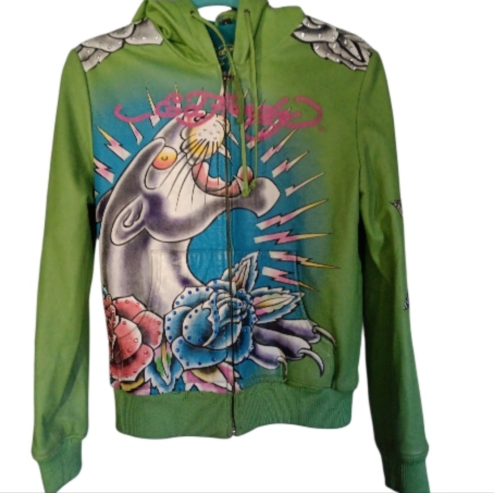 ED HARDY BY Christian Audigier Green Hoodie with Graphic Design SZ Large